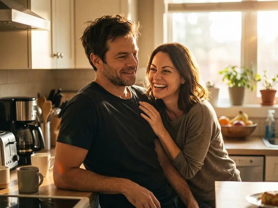 A relaxed couple laughing together in a sunny kitchen